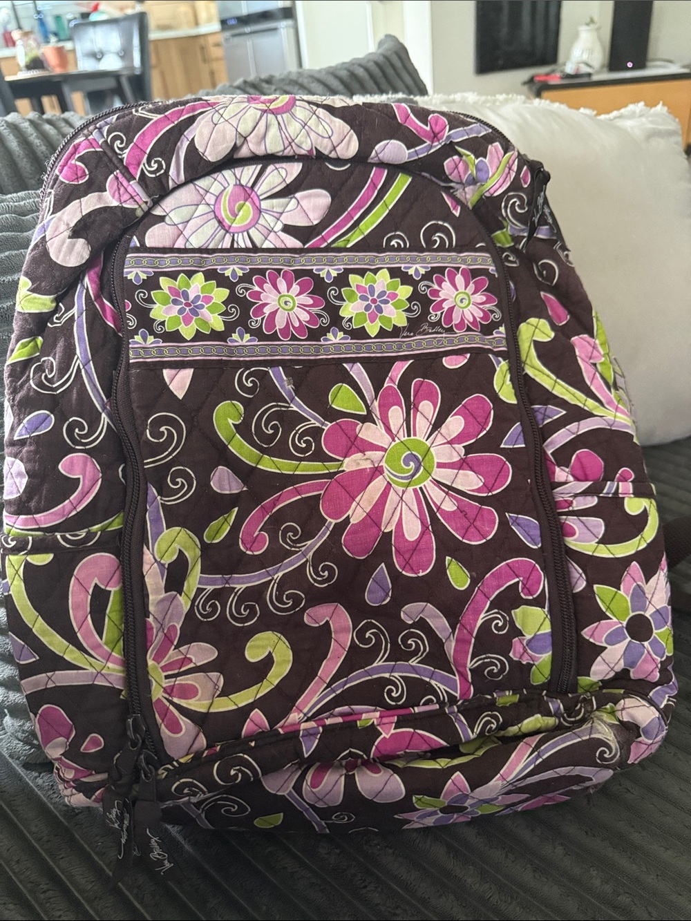 Quilted Floral Backpack - Brown with Pink & Green Accents